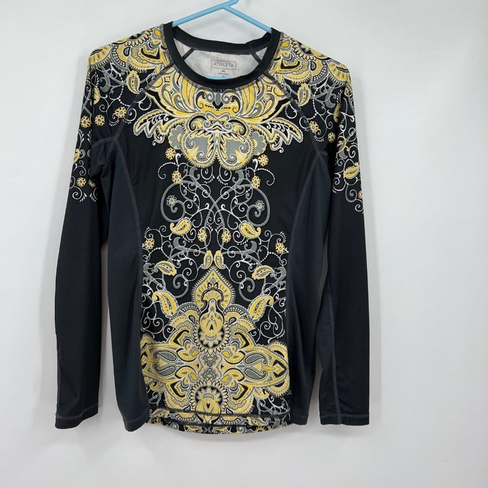 Athleta Womens Long Sleeve Athletic Top Gray Yellow Paisley Floral XS